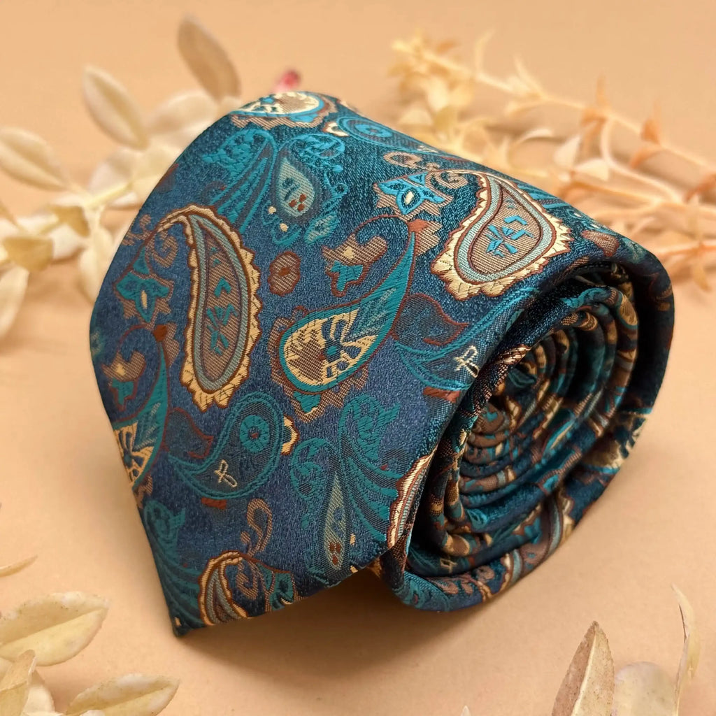 Teal Blue Multi Paisley Designer Silk Necktie
