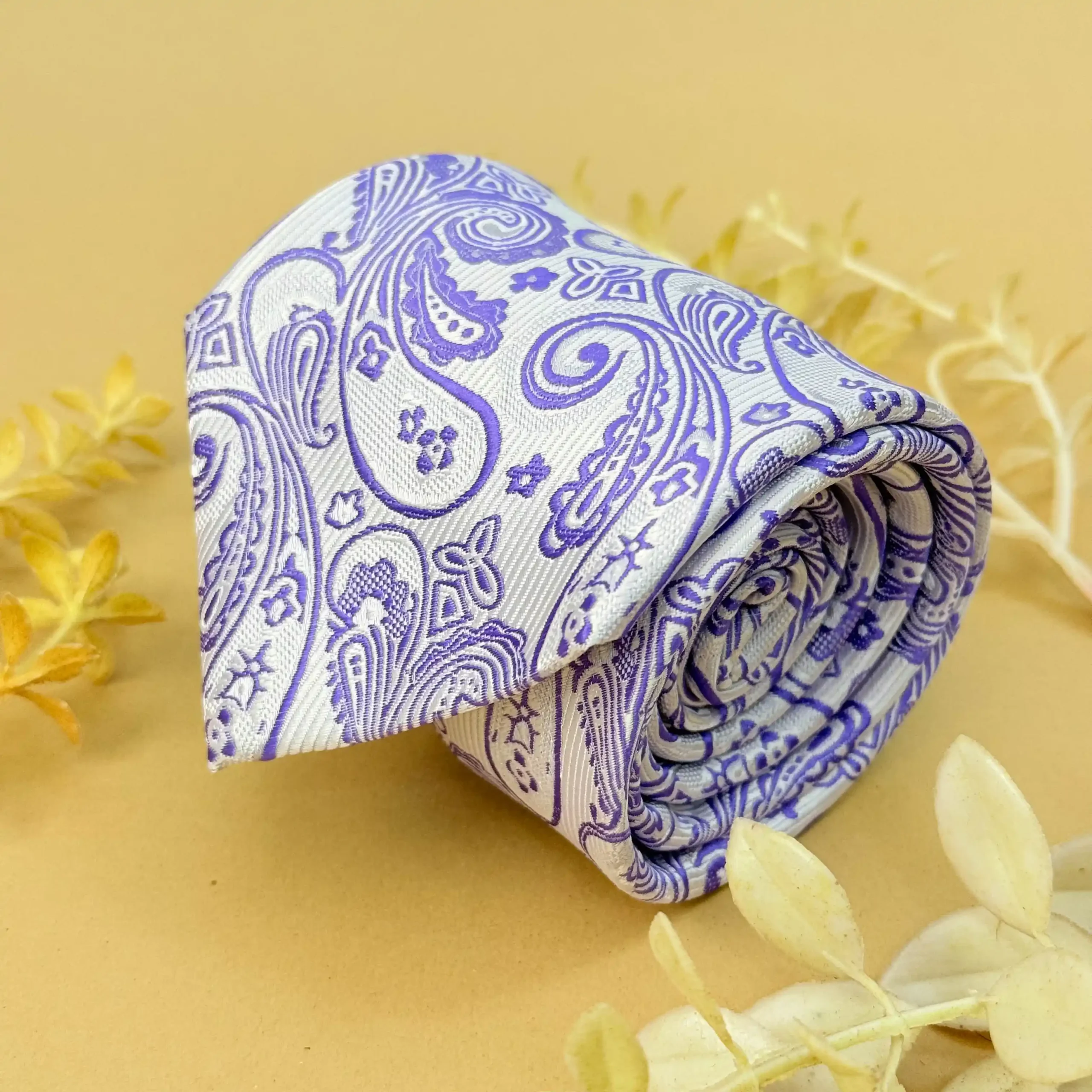 uc White Lilac Designer Paisley Silk Necktie - Image 1
