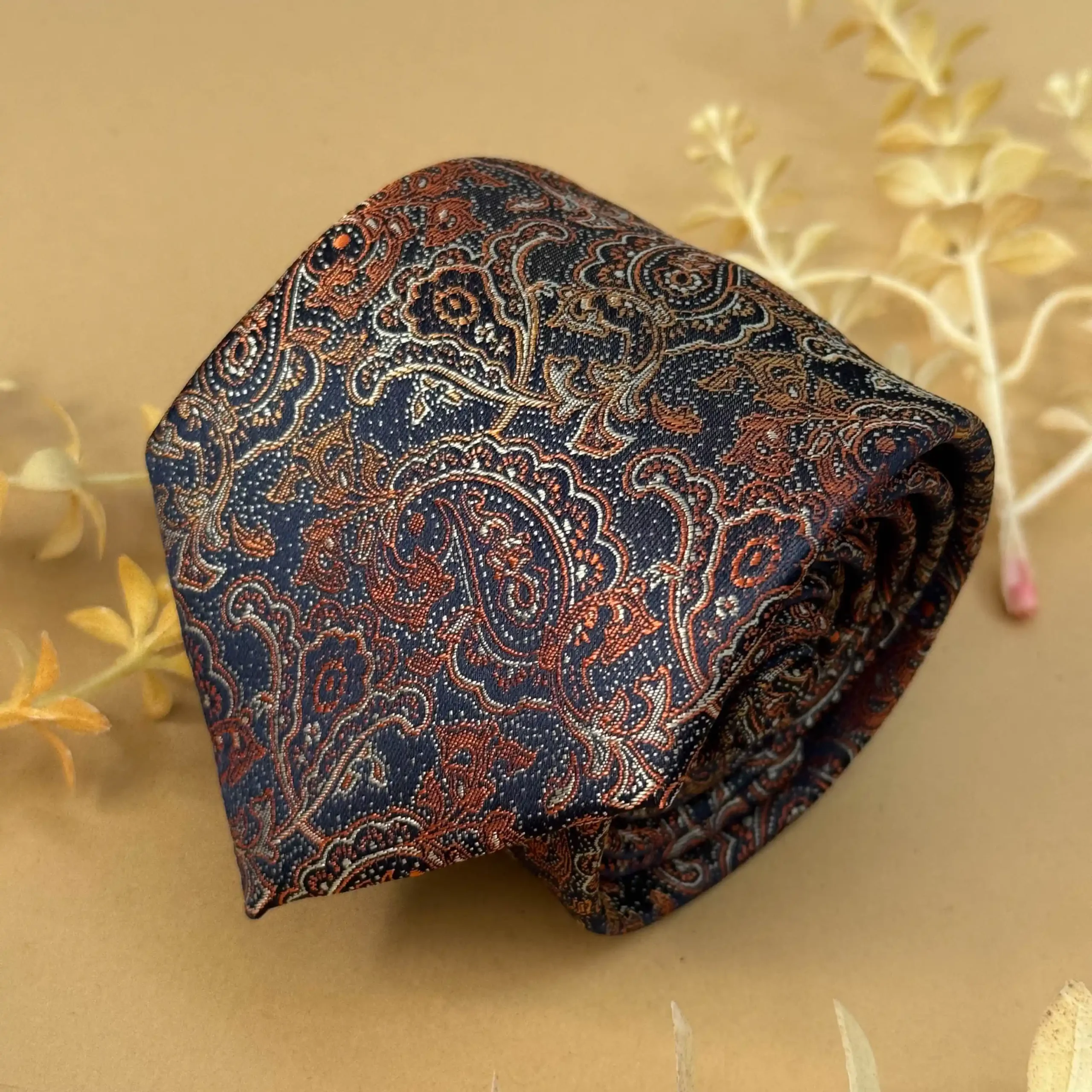 uc Royal Blue Brown Designer Paisley Silk Necktie - Image 1