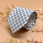 White Navy Blue Floral Geometric Silk Necktie