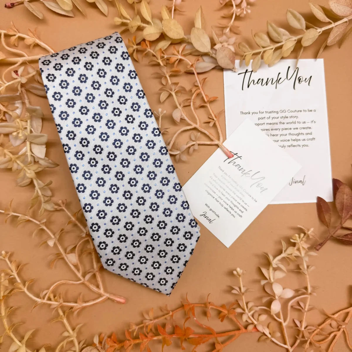 White Navy Blue Floral Geometric Silk Necktie - Image 2