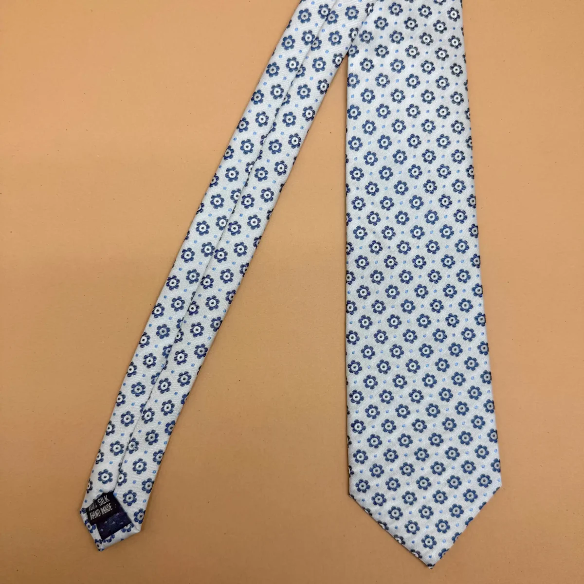White Navy Blue Floral Geometric Silk Necktie - Image 3