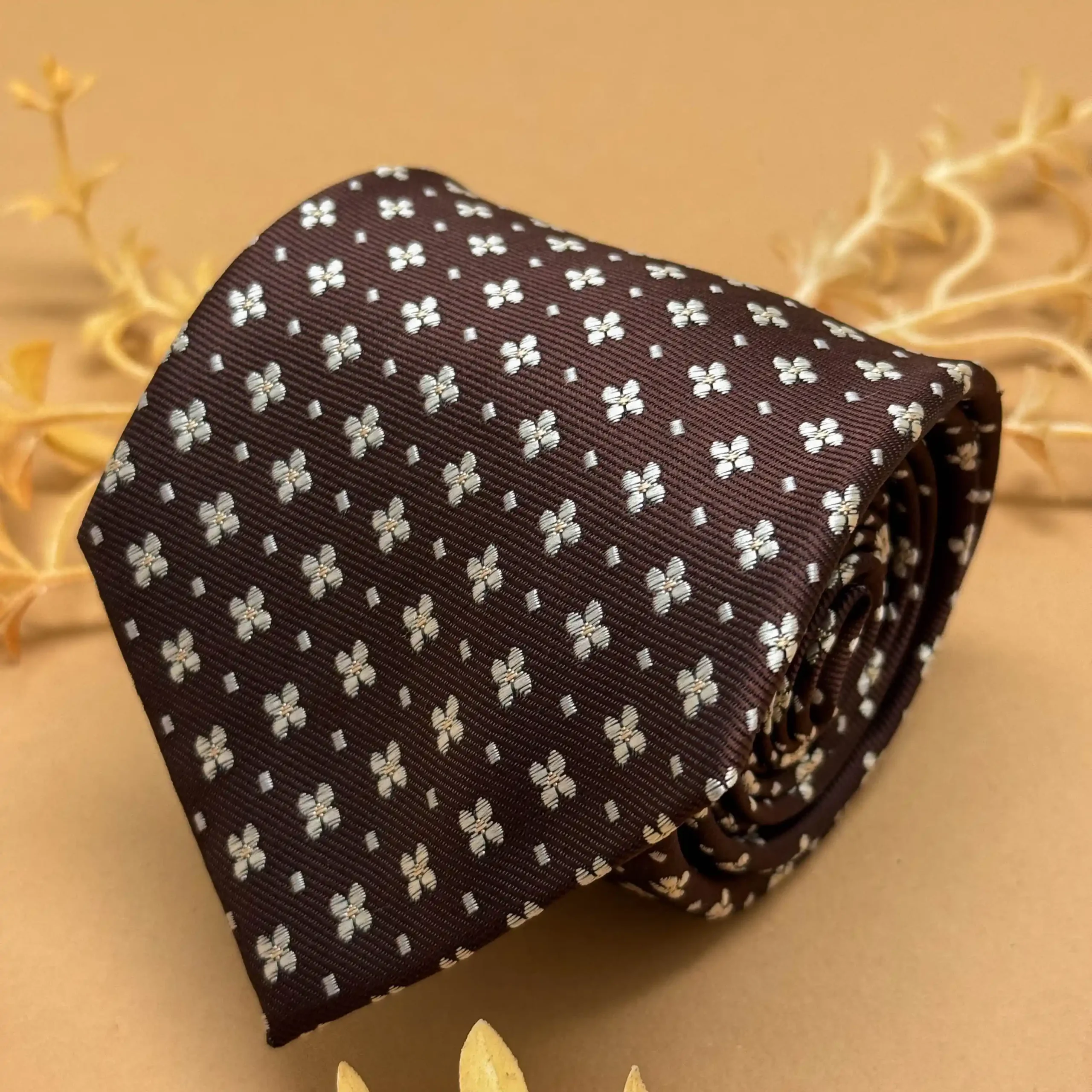 uc Brown White Motif Geometric Silk Necktie - Image 1