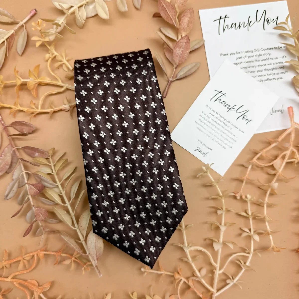 Brown White Motif Geometric Silk Necktie - Image 2