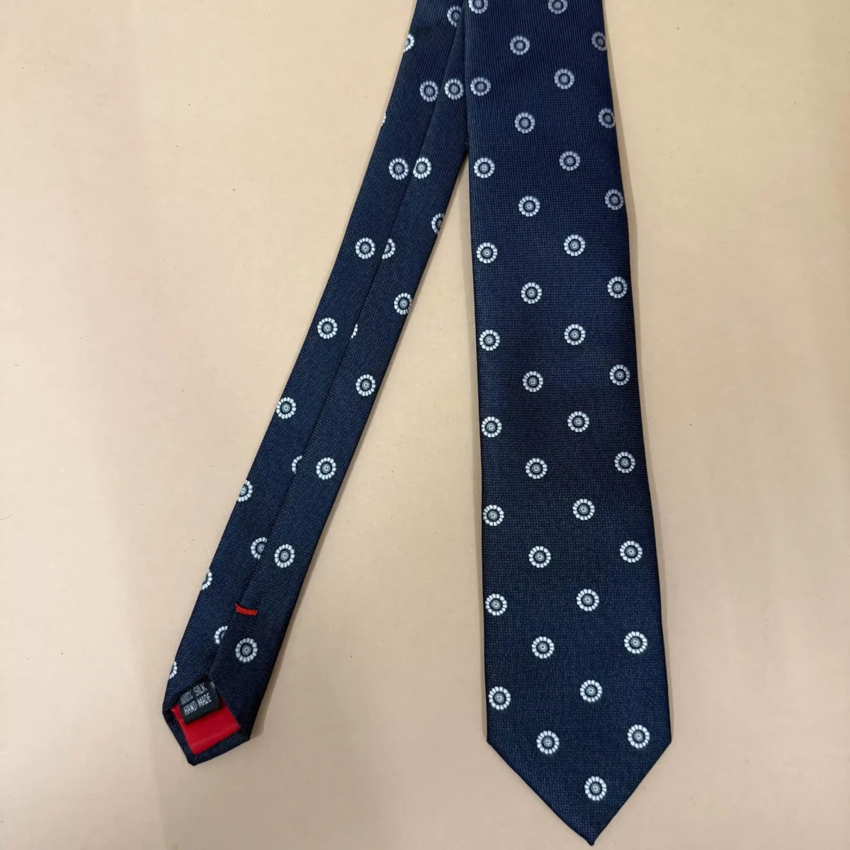 Navy Blue Geometric Circluar Motifs Silk Necktie - Image 3