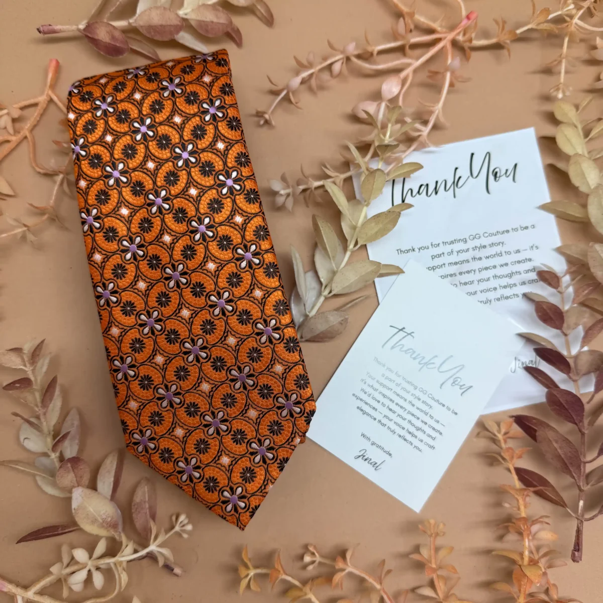 Mustard Geometric Floral Silk Necktie - Image 2