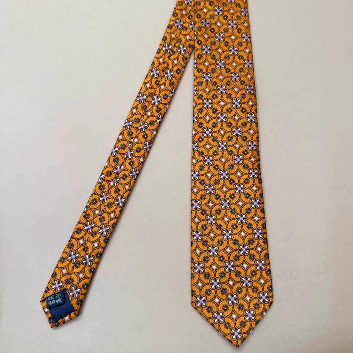 Mustard Geometric Floral Silk Necktie - Image 3
