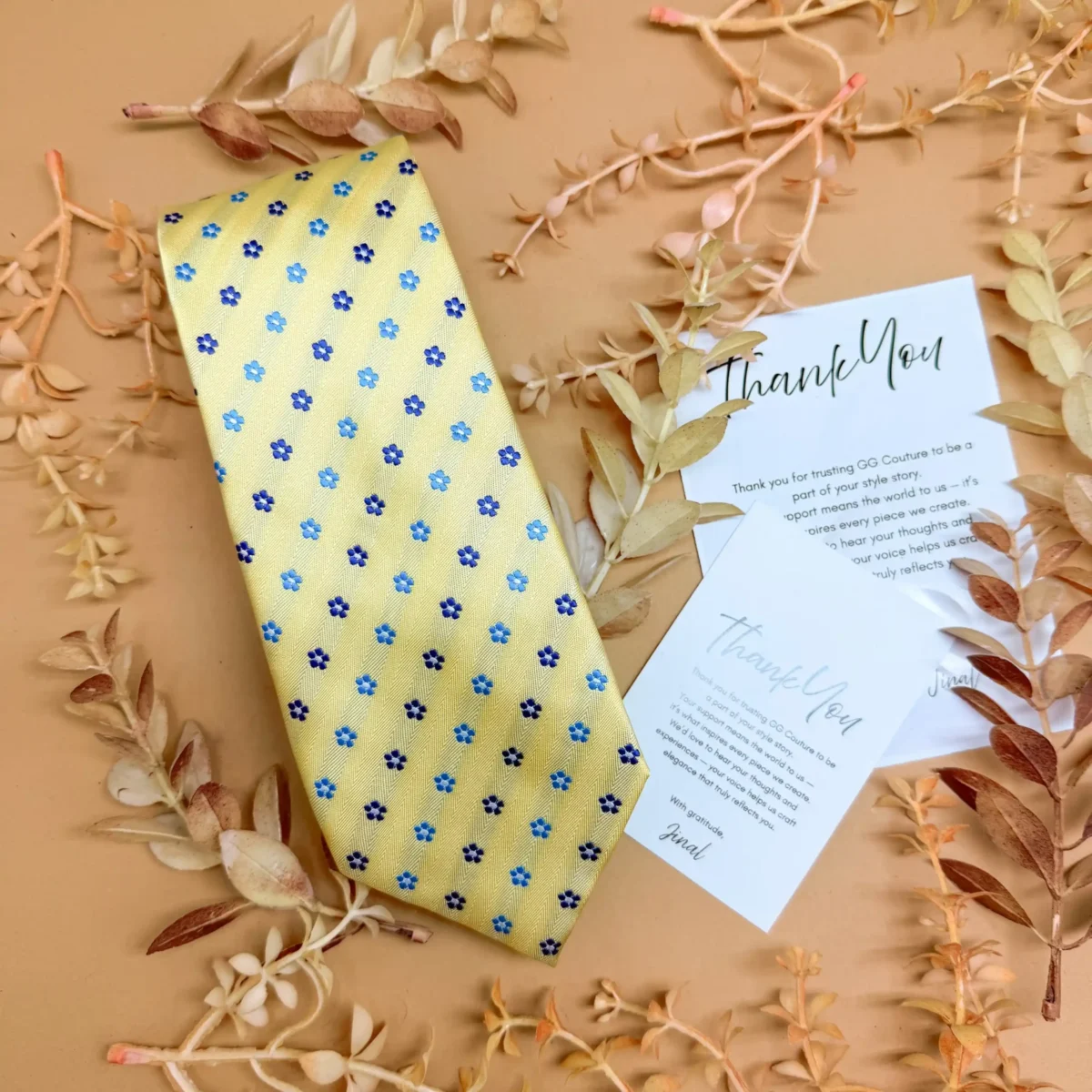 Soft Yellow Mini Floral Silk Necktie - Image 2