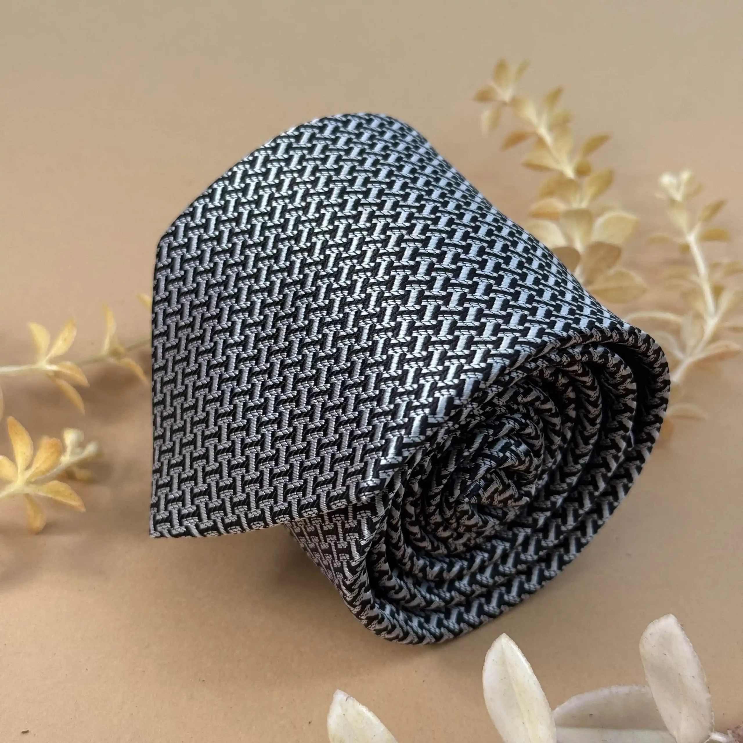 uc Grey Micro Houndstooth Silk Necktie - Image 1