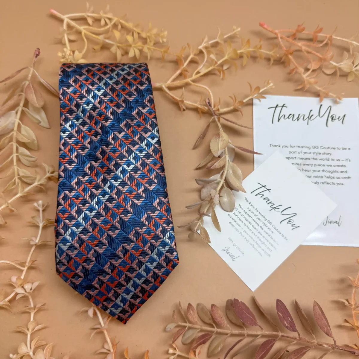 Brown Blue Weave Geometric Silk Necktie - Image 2