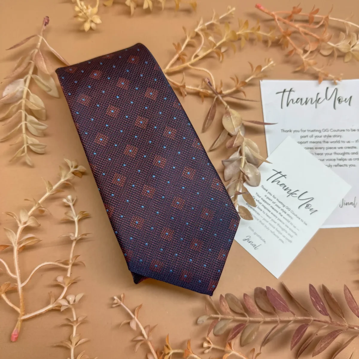 Brown Diamond Dot Silk Necktie - Image 2