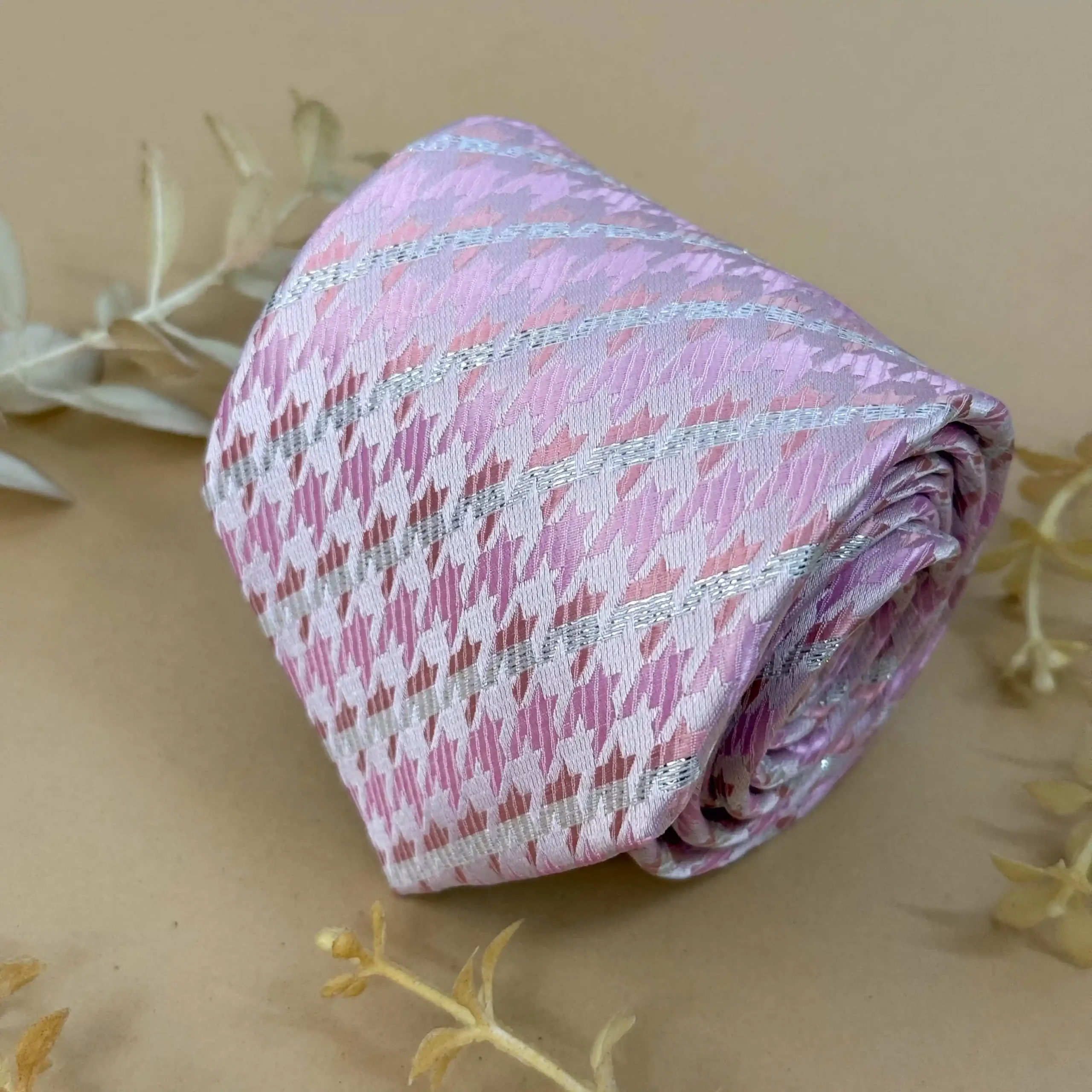 uc Light Pink Micro Houndstooth Silk Necktie - Image 1