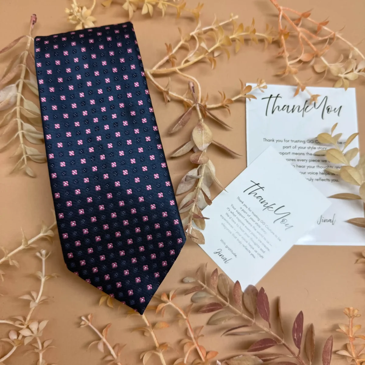 Navy Blue Pink Motif Silk Necktie - Image 2