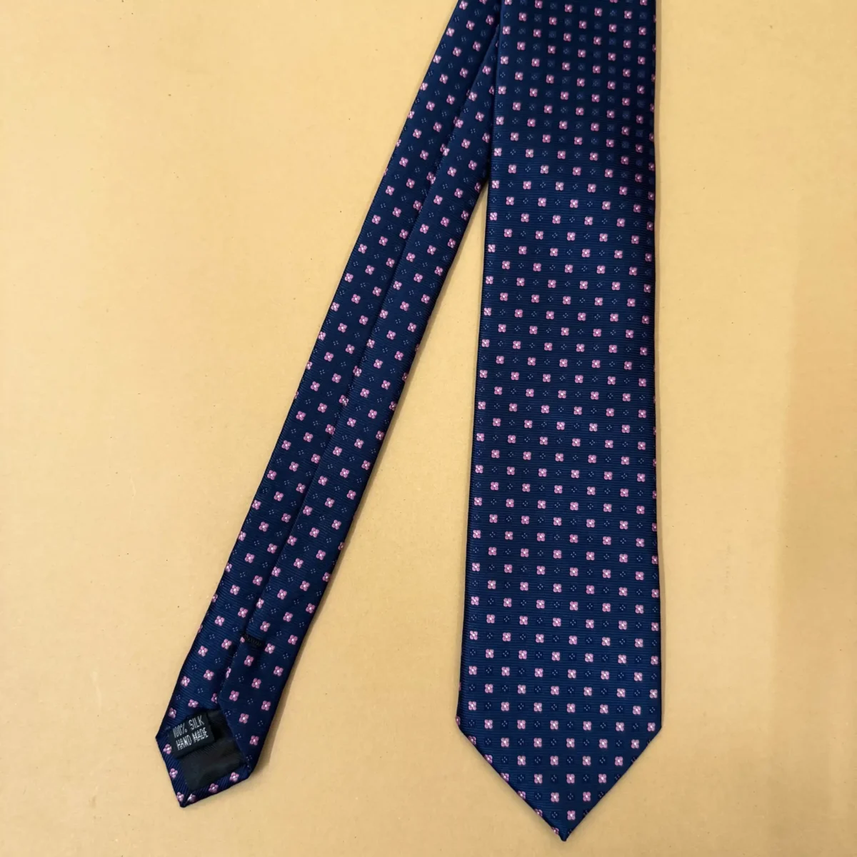 Navy Blue Pink Motif Silk Necktie - Image 3