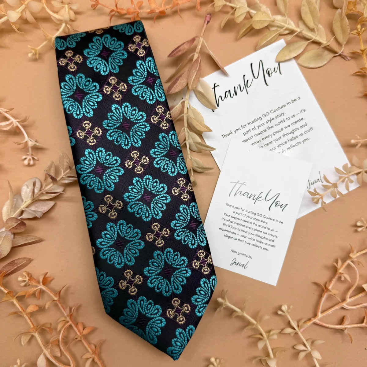 Teal Blue Floral Silk Necktie - Image 2