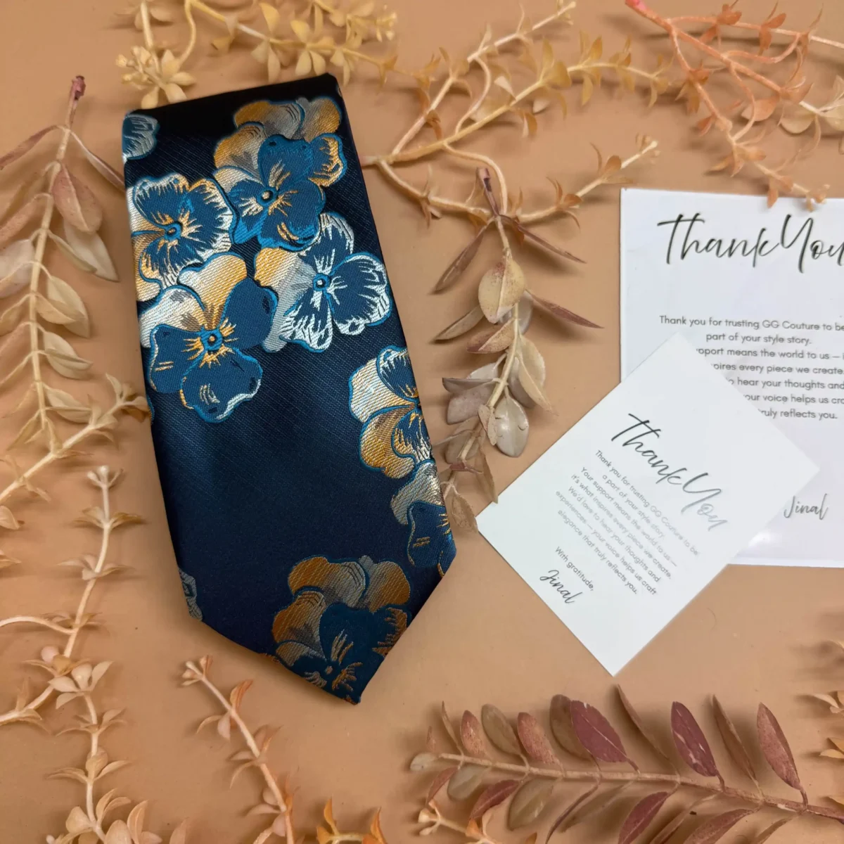 Navy Blue Gold Floral Silk Necktie - Image 2