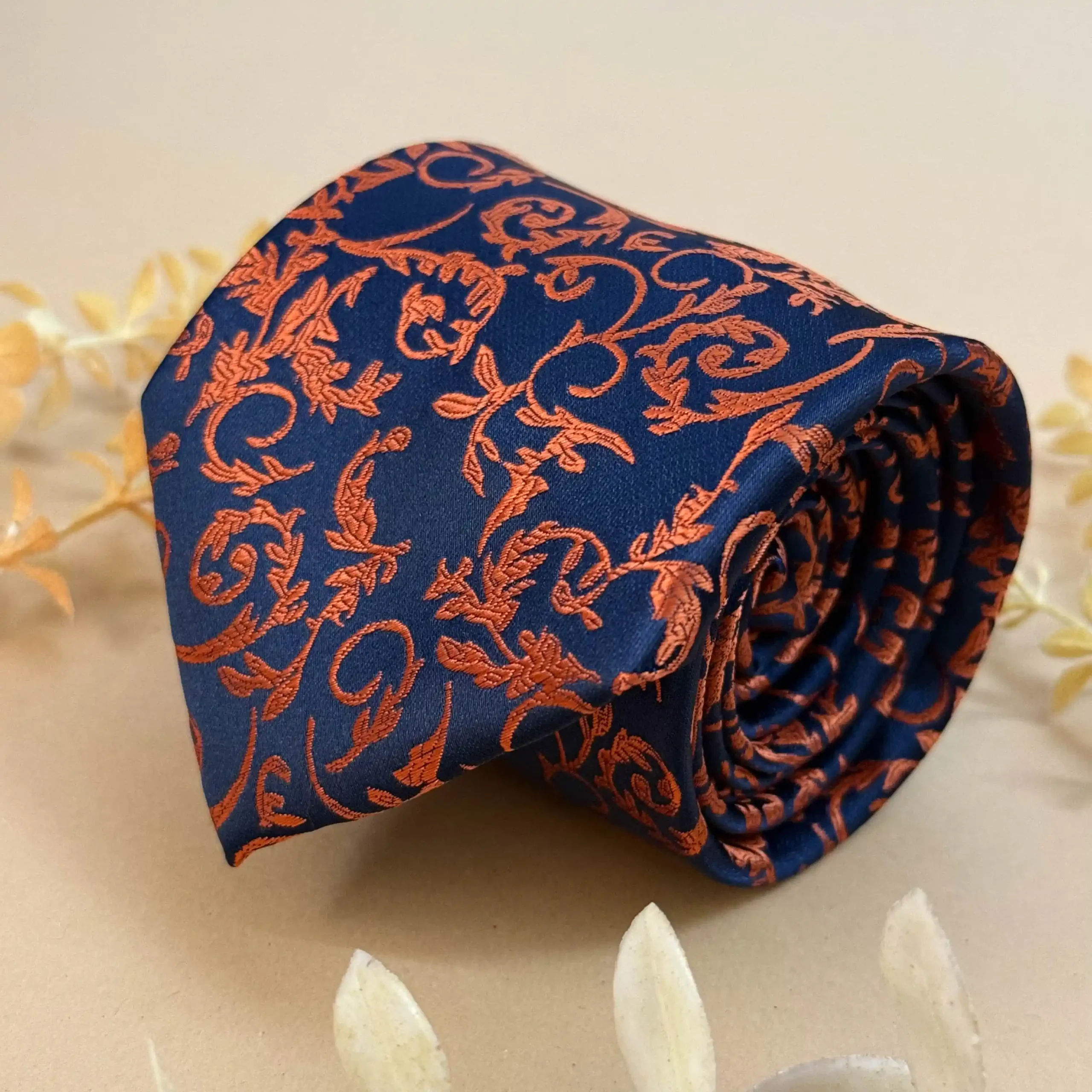 uc Navy Blue Copper Scroll Abstract Silk Necktie - Image 1