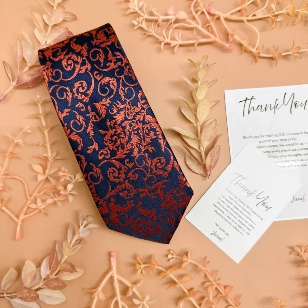 Navy Blue Copper Scroll Abstract Silk Necktie - Image 2