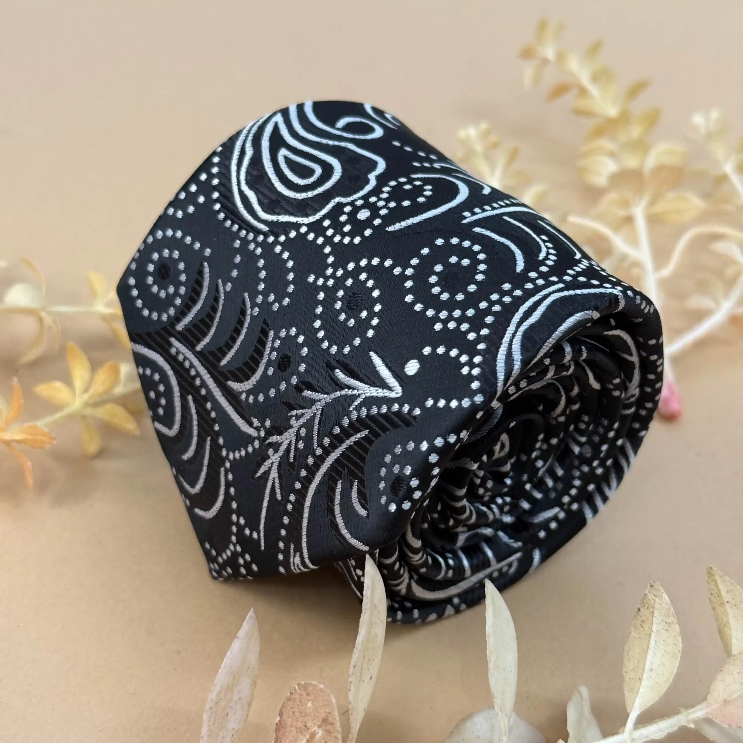 uc Black And White Floral Wave Abstract Silk Necktie - Image 1