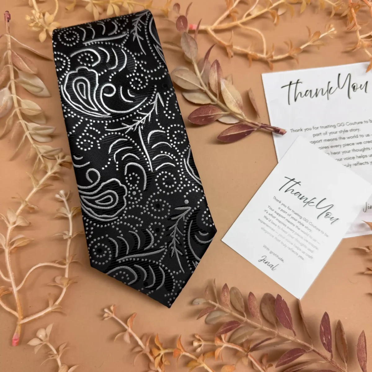 Black And White Floral Wave Abstract Silk Necktie - Image 2