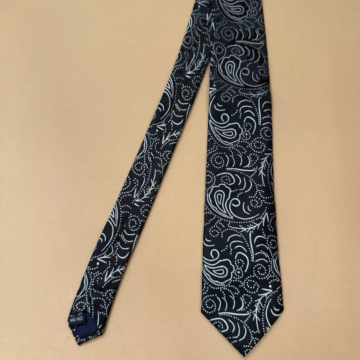 Black And White Floral Wave Abstract Silk Necktie - Image 3