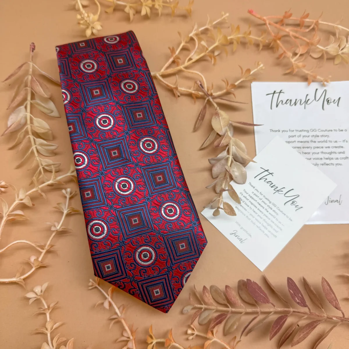 Scarlet Navy Geo Abstract Silk Necktie - Image 2