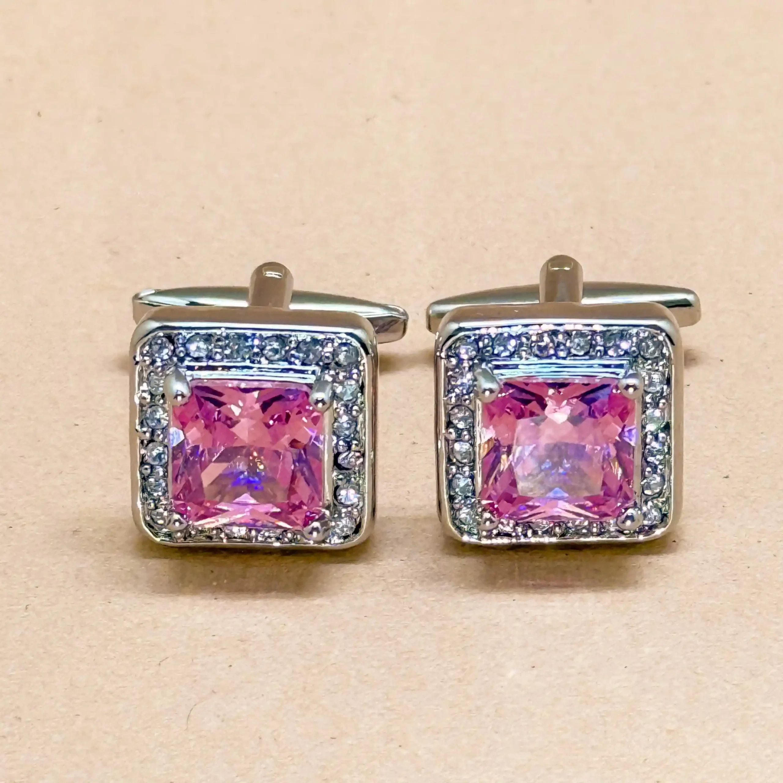 uc Pink Crystal Square Silver Cufflinks - Image 1