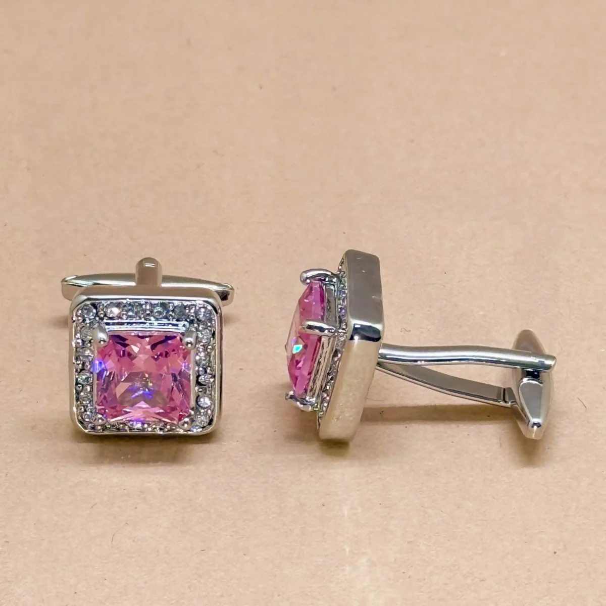 Pink Crystal Square Silver Cufflinks - Image 2