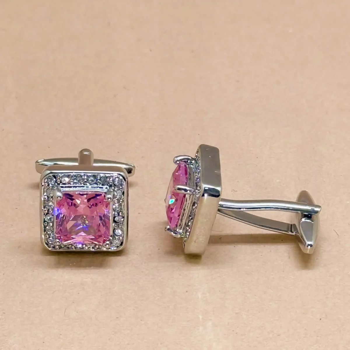 Pink Crystal Square Silver Cufflinks - Image 2