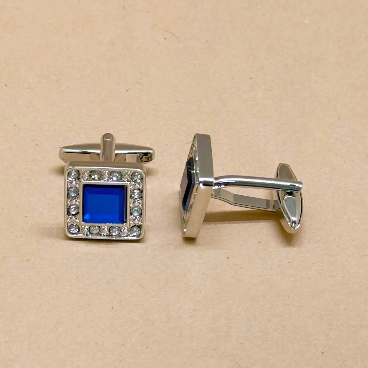 Blue Square Crystal Silver Cufflinks - Image 2