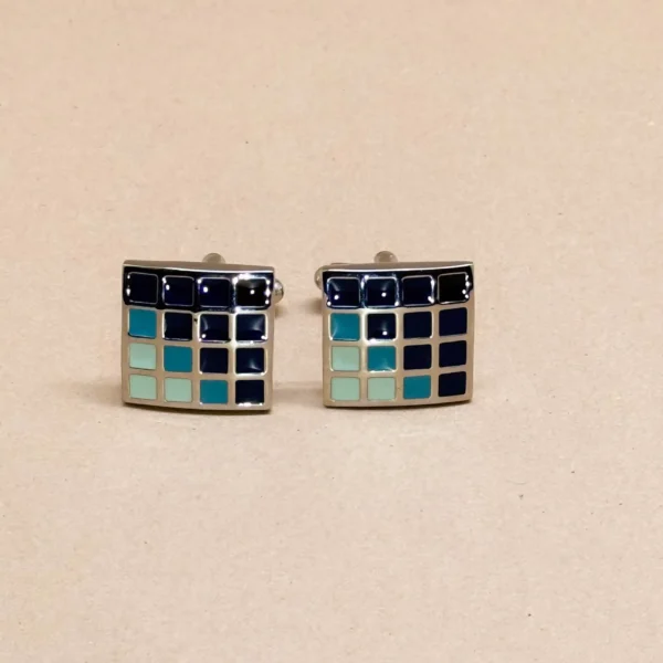 Silver Grid Pattern Cufflinks with Blue Accents