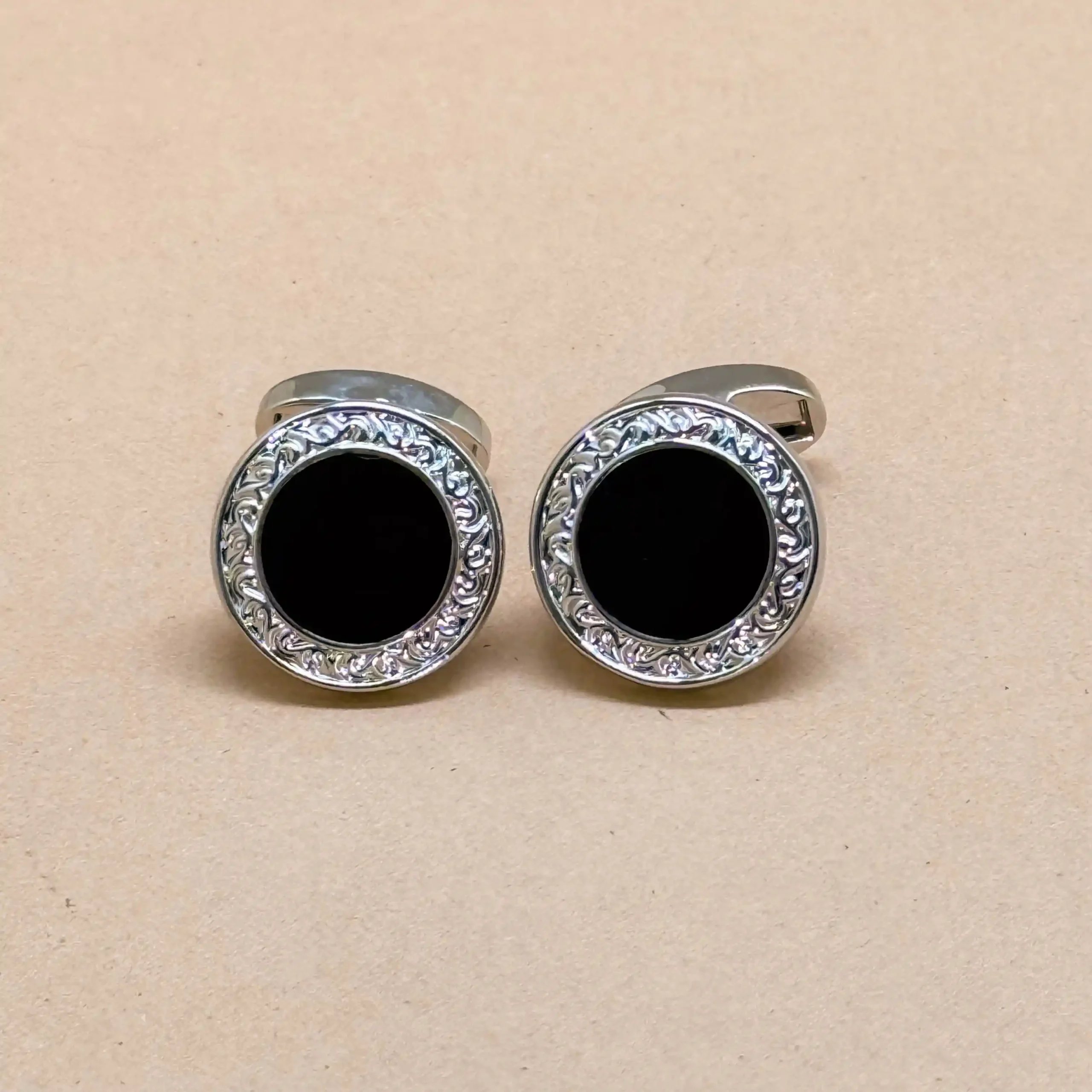 uc Classic Black Onyx Silver Cufflinks with Crystal Halo - Image 1
