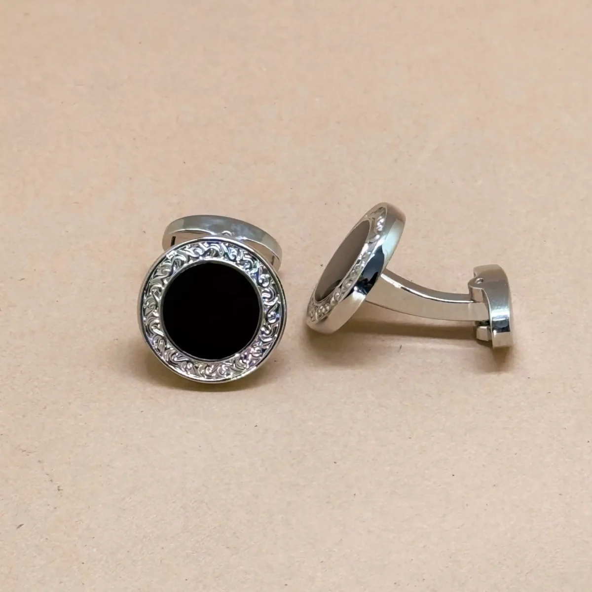 Classic Black Onyx Silver Cufflinks with Crystal Halo - Image 2