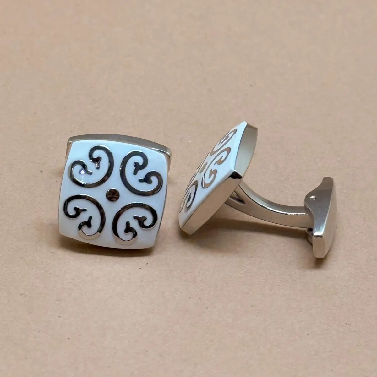 Art Deco Swirl Silver Cufflinks with Enamel Finish - Image 2