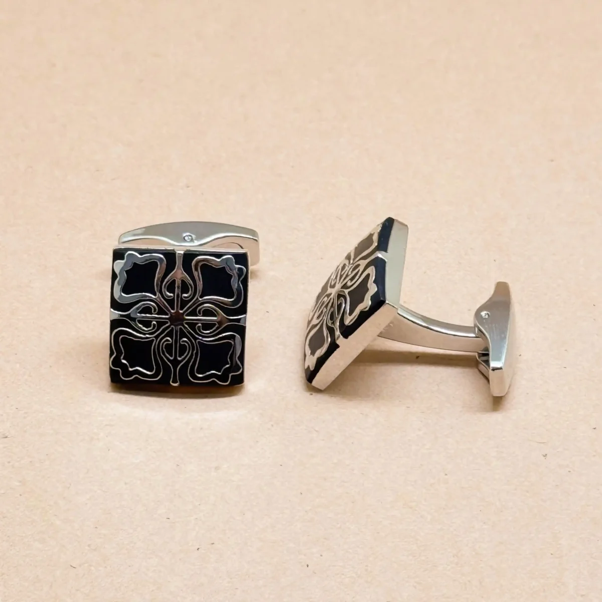 Black Enamel Floral Silver Cufflinks - Image 2