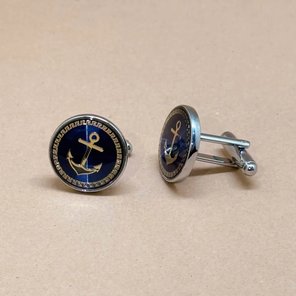 Nautical Anchor Silver Cufflinks with Navy Enamel - Image 2