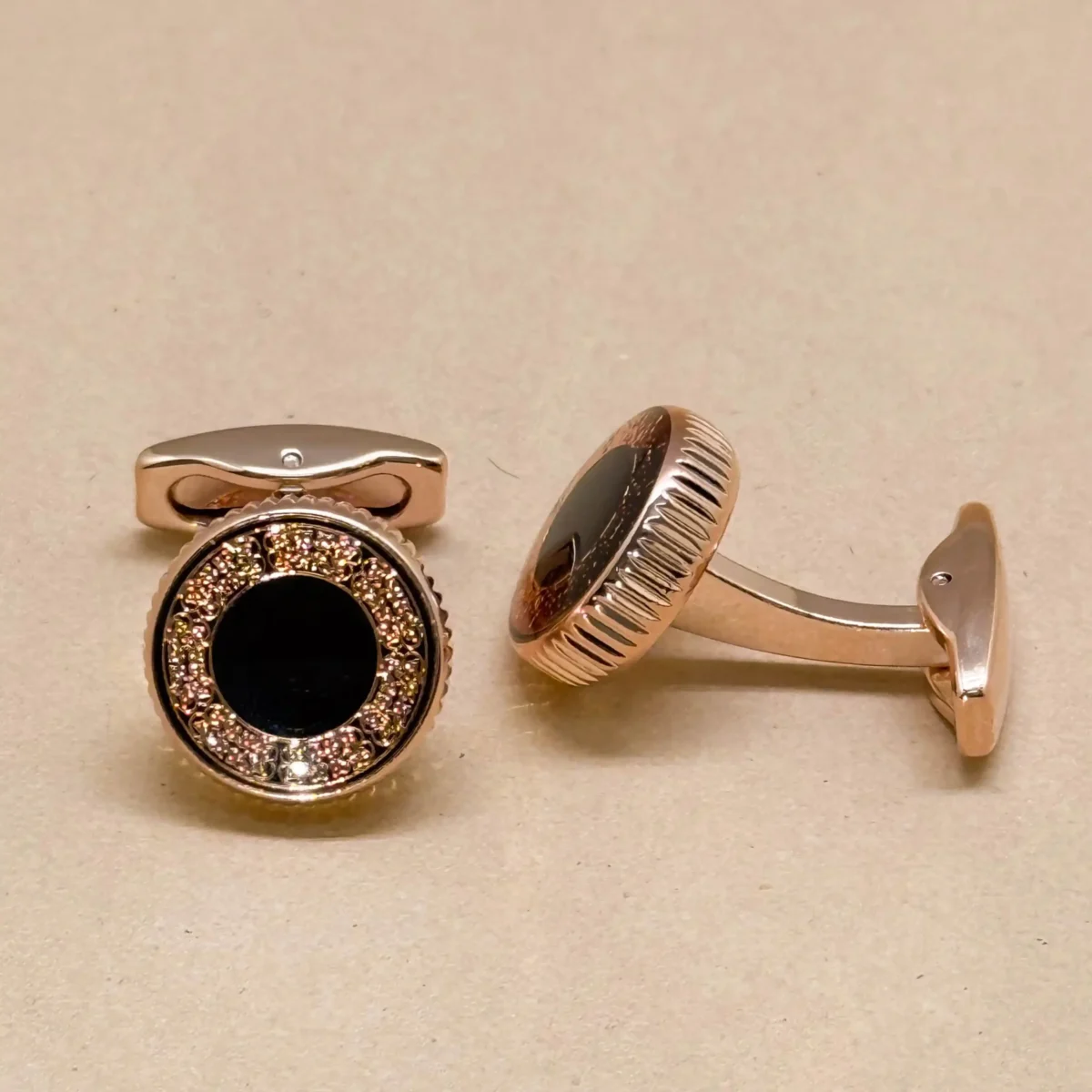 Rose Gold Cufflinks with Black Onyx and Crystal Halo - Image 2