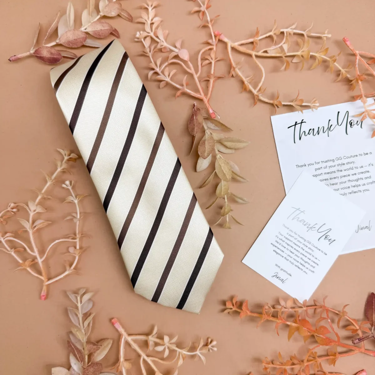 Beige with Espresso Brown Stripe Silk Necktie - Image 2