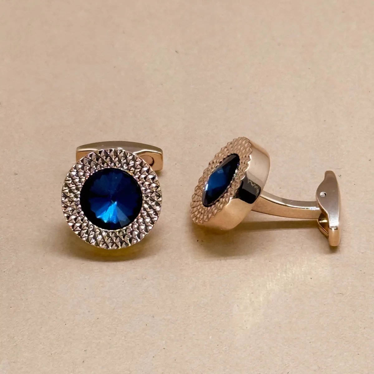 Rose Gold Cufflinks with Royal Blue Crystal Center - Image 2