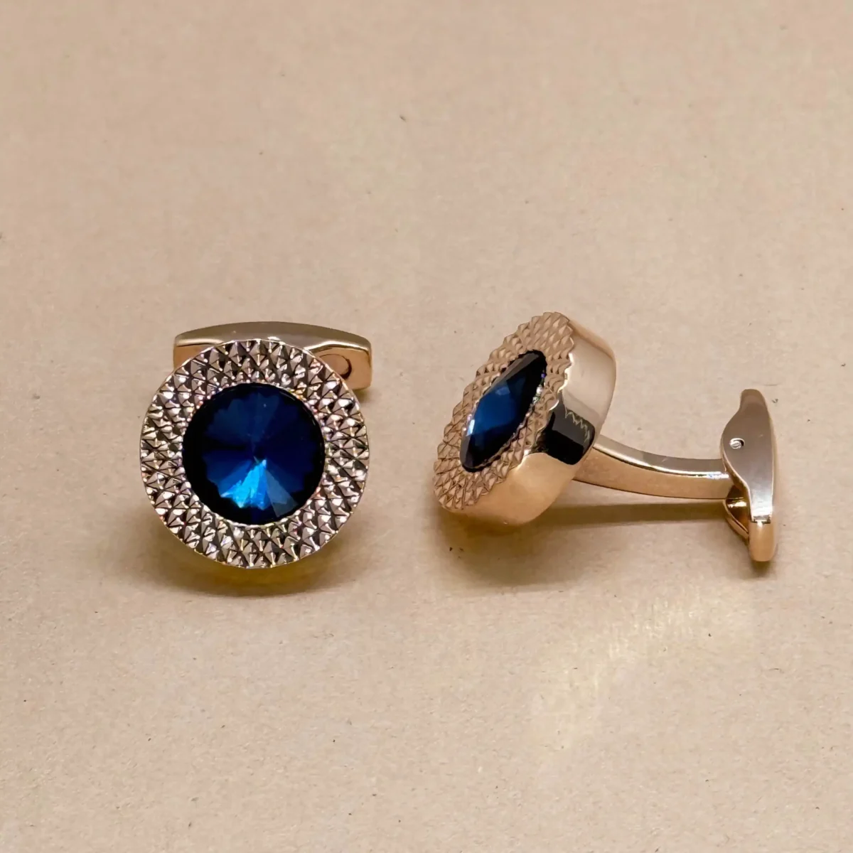 Rose Gold Cufflinks with Royal Blue Crystal Center - Image 2