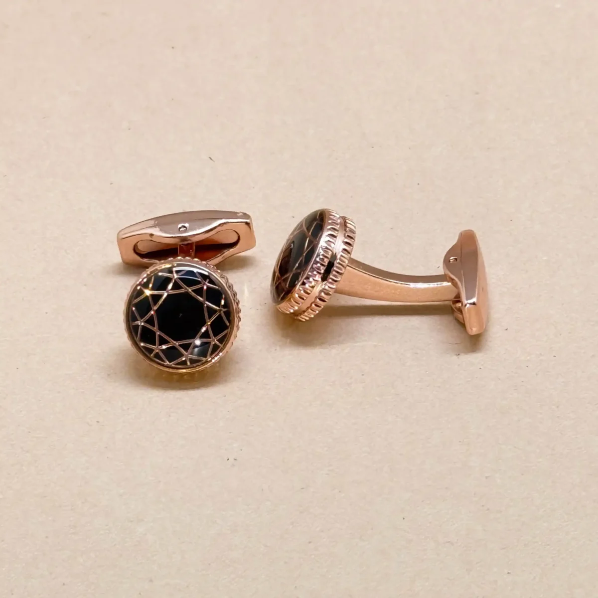 Rose Gold Starburst Black Crystal Cufflinks - Image 2