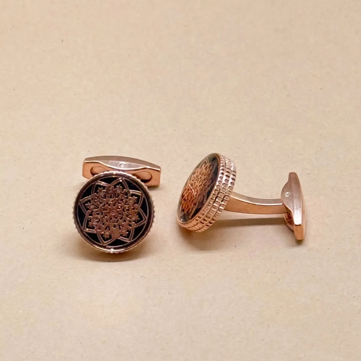 Rose Gold Brown Crystal Cufflinks with Vintage Finish - Image 2