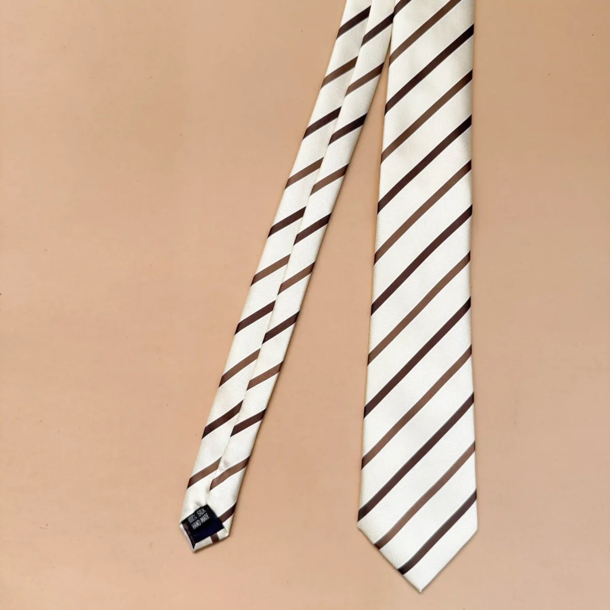Beige with Espresso Brown Stripe Silk Necktie - Image 3