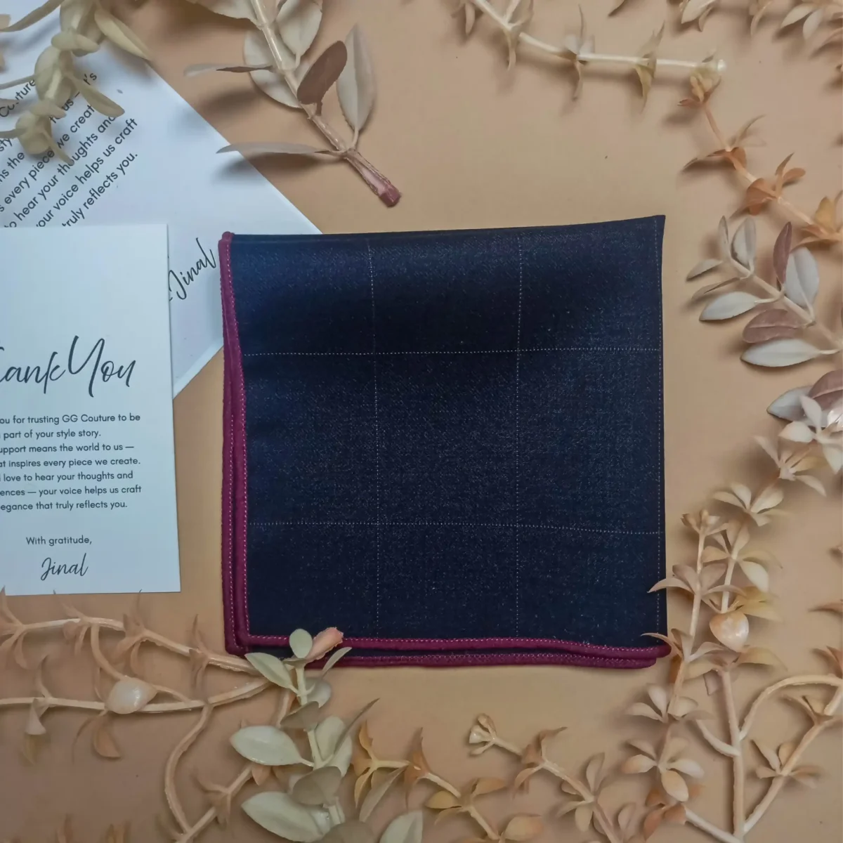 Navy Blue Silk Pocket Square with Burgundy Border - Image 3
