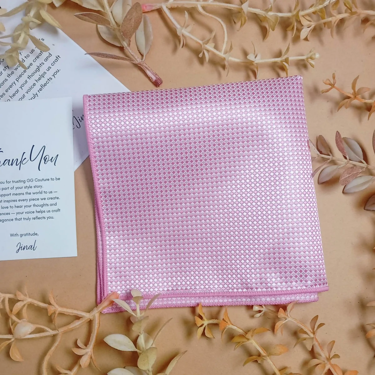 Blush Pink Checkered Silk Pocket Square - Image 3