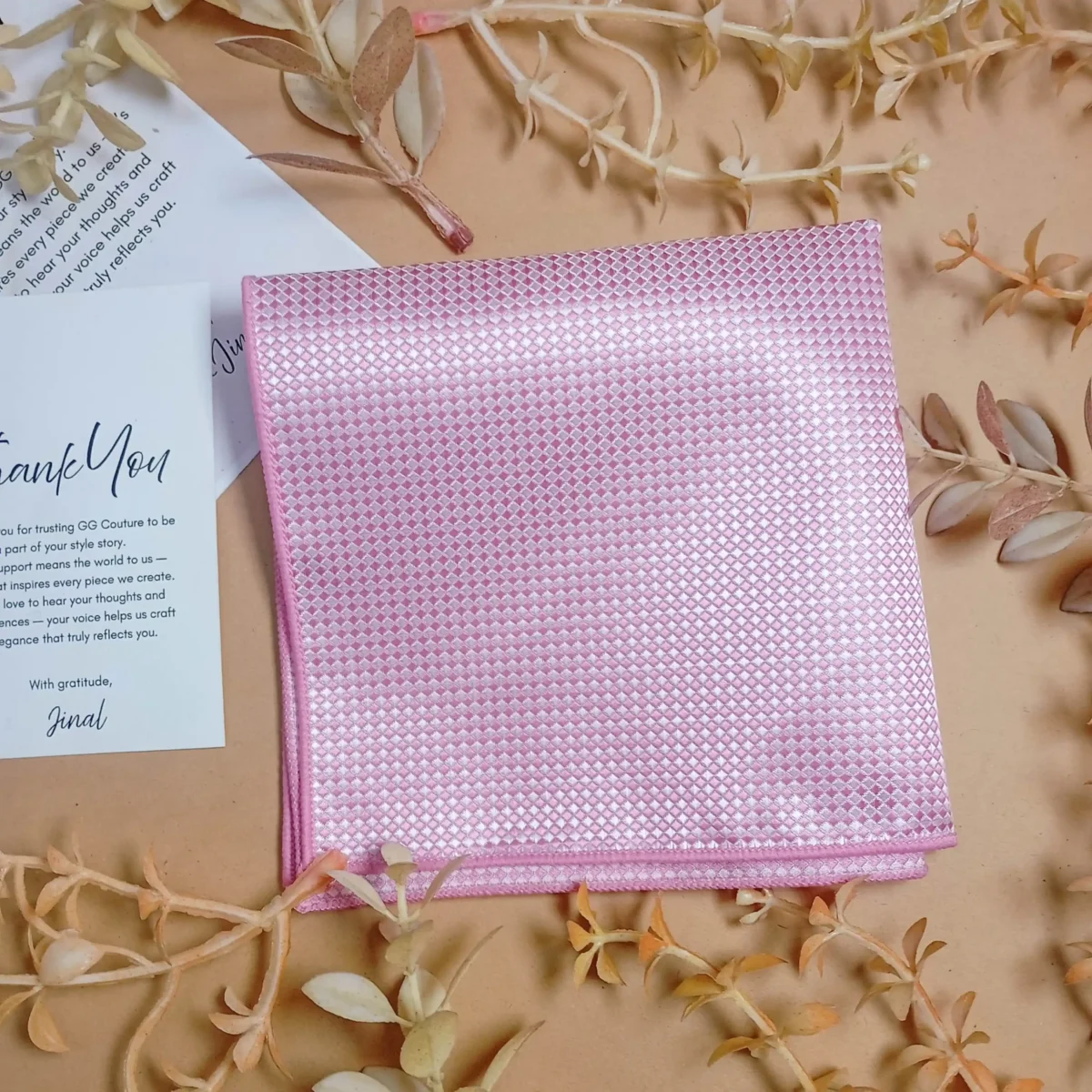 Blush Pink Checkered Silk Pocket Square - Image 3