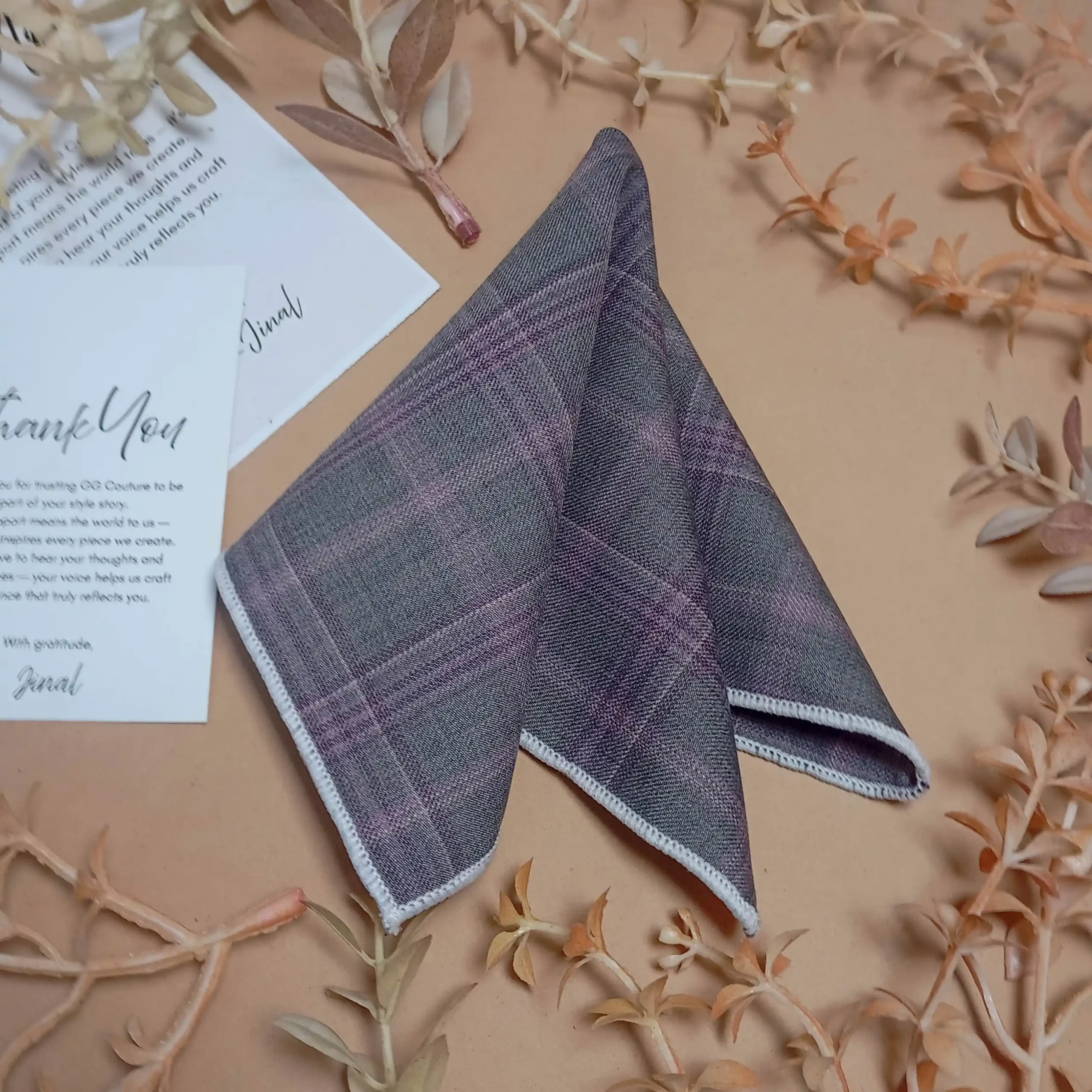 uc Charcoal and Purple Plaid Silk Pocket Square - Image 1