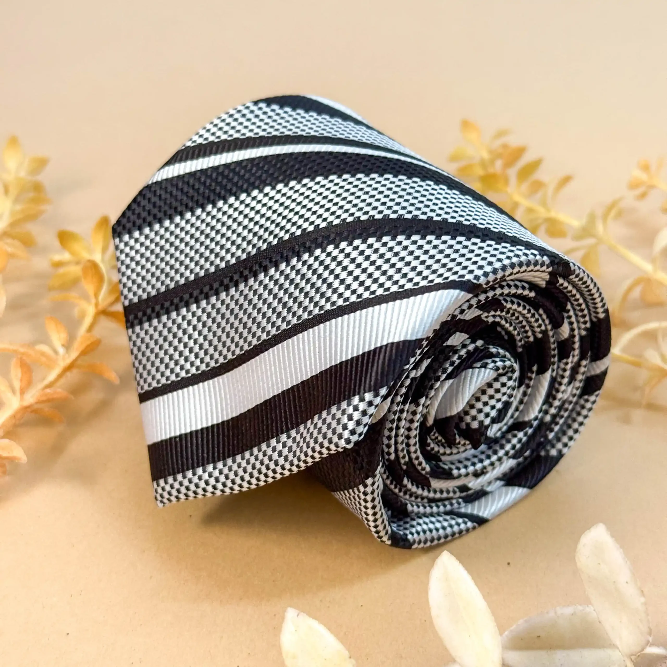 uc Monochromatic Black and White Stripe Silk Necktie - Image 1