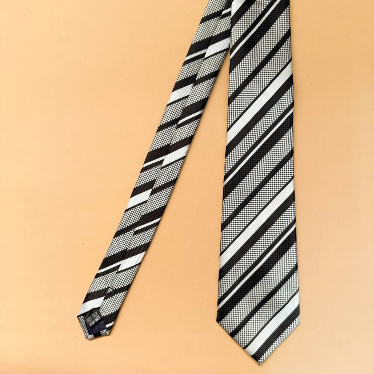 Monochromatic Black and White Stripe Silk Necktie - Image 3