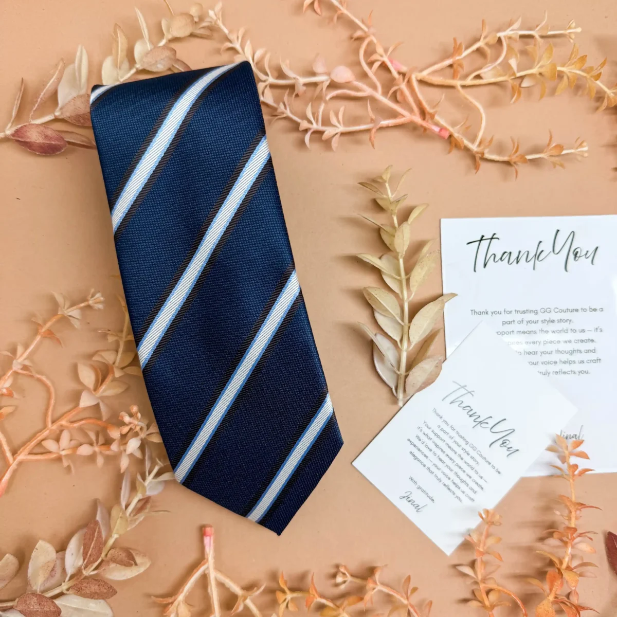 Navy Blue Brown Heritage Stripe Silk Necktie - Image 2